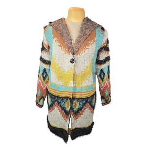 MAXSPORT Women's M Aztec Geometric Hooded Cardigan Sweater Fuzzy Trim‎ Boho Long